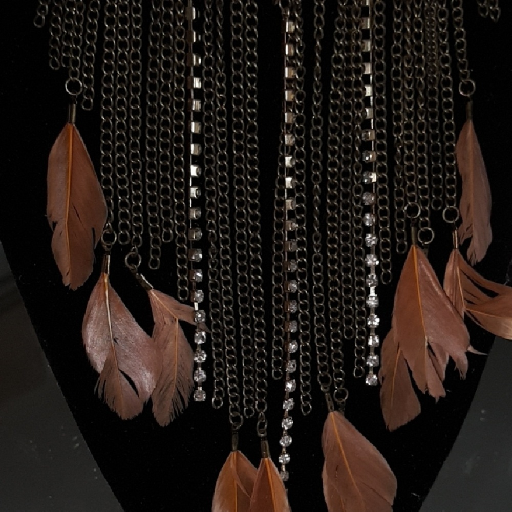 Antique Feather Metal and Crystal Necklace